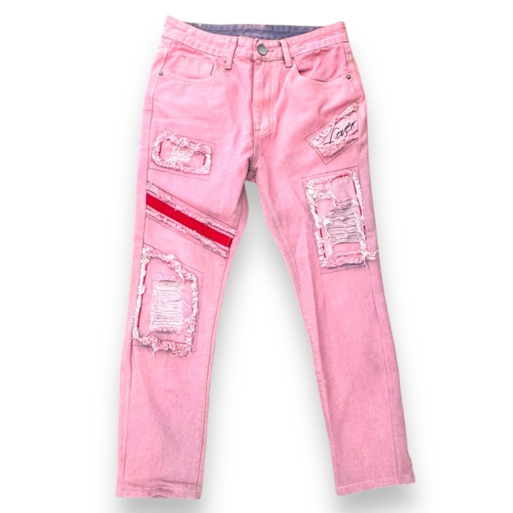 New! Dengss Men's Ripped Pink Patchwork Jeans Size 28